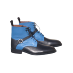 Handcrafted Black & Blue Leather Ankle Boots | Stylish Men's Lace-Up Shoes with Classic Buckle Strap