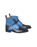 Handcrafted Black & Blue Leather Ankle Boots | Stylish Men's Lace-Up Shoes with Classic Buckle Strap