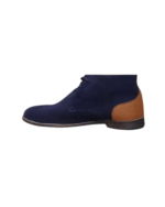 Handcrafted Navy Blue & Tan Leather and Suede Chukka Boots | Stylish Men's Ankle High Lace-Up Shoes - Image 2