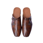 Handcrafted Brown Leather Double Monk Strap Mules | Stylish Men's Slip-On Backless Dress Shoes