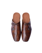 Handcrafted Brown Leather Double Monk Strap Mules | Stylish Men's Slip-On Backless Dress Shoes