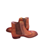 Handcrafted Tan Brown Leather Wing Tip Chelsea Boots | Elegant Men's High Ankle Dress Shoes - Image 7