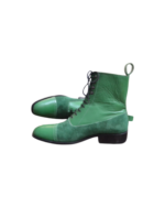 Handcrafted Green Calf Leather & Suede Cap Toe Boots | Elegant Men's Ankle High Lace-Up Shoes