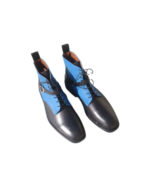 Handcrafted Black & Blue Leather Ankle Boots | Stylish Men's Lace-Up Shoes with Classic Buckle Strap - Image 5