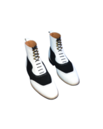 Handcrafted Black & White Leather and Suede Boots | Stylish Men's Ankle High Lace-Up Shoes - Image 2