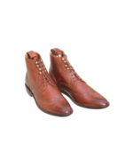 Handcrafted Brown Leather Wing Tip Brogue Boots | Elegant Men's Lace-Up Dress Shoes - Image 3