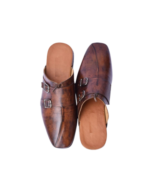 Handcrafted Brown Leather Double Monk Strap Mules | Stylish Men's Slip-On Backless Dress Shoes - Image 3