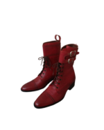 Handcrafted Burgundy Leather Cap Toe Boots | Elegant Men's High Ankle Lace-Up with Buckle Strap - Image 6
