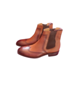 Handcrafted Tan Brown Leather Wing Tip Chelsea Boots | Elegant Men's High Ankle Dress Shoes