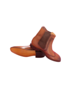 Handcrafted Tan Brown Leather Wing Tip Chelsea Boots | Elegant Men's High Ankle Dress Shoes - Image 4