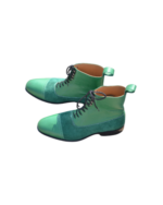 Handcrafted Green Calf Leather & Suede Cap Toe Boots | Elegant Men's Ankle High Lace-Up Shoes - Image 2