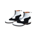 Handcrafted Black & White Leather and Suede Boots | Stylish Men's Ankle High Lace-Up Shoes