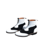 Handcrafted Black & White Leather and Suede Boots | Stylish Men's Ankle High Lace-Up Shoes