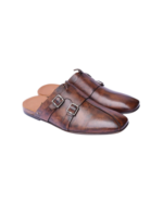 Handcrafted Brown Leather Double Monk Strap Mules | Stylish Men's Slip-On Backless Dress Shoes - Image 5