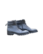 Handcrafted Black Leather Military-Style Boots | Elegant Men's Ankle High Lace-Up Shoes with Side Zipper