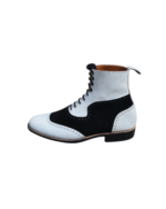 Handcrafted Black & White Leather and Suede Boots | Stylish Men's Ankle High Lace-Up Shoes - Image 5