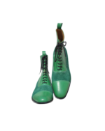 Handcrafted Green Calf Leather & Suede Cap Toe Boots | Elegant Men's Ankle High Lace-Up Shoes - Image 4