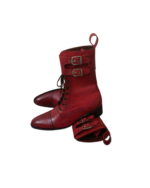 Handcrafted Burgundy Leather Cap Toe Boots | Elegant Men's High Ankle Lace-Up with Buckle Strap - Image 2