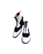Handcrafted Black & White Leather and Suede Boots | Stylish Men's Ankle High Lace-Up Shoes - Image 7