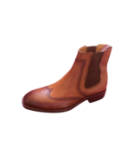 Handcrafted Tan Brown Leather Wing Tip Chelsea Boots | Elegant Men's High Ankle Dress Shoes - Image 2