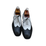 Handcrafted White & Black Leather Wing Tip Brogue Oxford Shoes | Elegant Men's Two-Tone Lace-Up Dress Footwear
