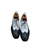 Handcrafted White & Black Leather Wing Tip Brogue Oxford Shoes | Elegant Men's Two-Tone Lace-Up Dress Footwear