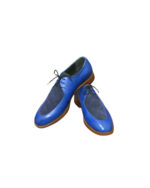Handcrafted Blue & Black Leather & Suede Fringed Oxford Shoes | Elegant Hand-Painted Men's Lace-Up Dress Footwear