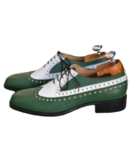 Handcrafted White & Green Leather Wing Tip Brogue Oxford Shoes | Elegant Men's Two-Tone Lace-Up Dress Footwear - Image 2