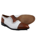 Handcrafted Brown & White Leather Oxford Cap Toe Brogues | Elegant Men's Two-Tone Lace-Up Dress Shoes - Image 6
