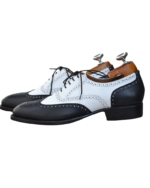 Handcrafted White & Black Leather Wing Tip Brogue Oxford Shoes | Elegant Men's Two-Tone Lace-Up Dress Footwear - Image 2