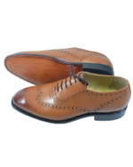 Handcrafted Tan Leather Wing Tip Oxford Shoes | Elegant Hand-Painted Men's Lace-Up Dress Footwear - Image 4