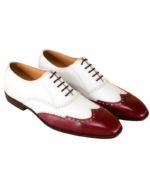 Handcrafted White & Burgundy Leather Wing Tip Oxford Shoes | Elegant Hand-Painted Men's Lace-Up Dress Footwear - Image 2