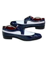 Handcrafted White & Blue Patent Leather Round Toe Shoes | Elegant Men's Lace-Up Dress Footwear - Image 2
