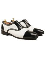 Handcrafted White & Black Leather Cap Toe Oxford Shoes | Elegant Men's Lace-Up Dress Footwear - Image 2