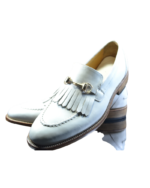 Handmade White Color Original Calf Leather Horse Bit Fringed Leather Beard Loafers Slip-On Dress Shoes - Image 3