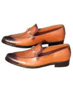 Handmade Tan Color Genuine Calf Leather Horse Bit Stylish Loafers Hand Painted Slip-On Dress Shoes - Image 3