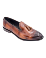 Handmade Tan Brown Color Genuine Calf Leather Stylish Loafers Brogue Toe Slip-On Hand Painted Dress Shoes - Image 3