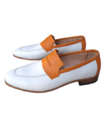 Handmade Tan & White Color Genuine Calf Leather Stylish Loafers Apron Toe Slip-On Dress Shoes - Image 7