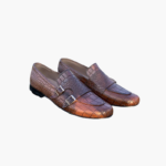Handmade Brown Color Genuine Alligator Textured Leather Belgian Monk Strap Hand Painted Shoes