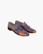 Handmade Brown Color Genuine Alligator Textured Leather Belgian Monk Strap Hand Painted Shoes