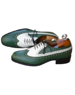Handcrafted White & Green Leather Wing Tip Brogue Oxford Shoes | Elegant Men's Two-Tone Lace-Up Dress Footwear - Image 3