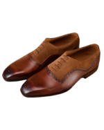 Handcrafted Brown Leather & Suede Oxford Brogue Derby Shoes | Elegant Men's Lace-Up Dress Shoes - Image 3