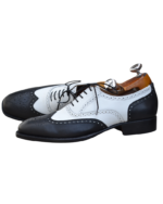 Handcrafted White & Black Leather Wing Tip Brogue Oxford Shoes | Elegant Men's Two-Tone Lace-Up Dress Footwear - Image 3