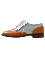 Handmade White & Tan Color Genuine Leather Lace Up Hand Painted Fringed Leather Wing Tip Brogue's Oxfords Dress Shoes - Image 2