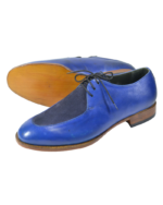 Handcrafted Blue & Black Leather & Suede Fringed Oxford Shoes | Elegant Hand-Painted Men's Lace-Up Dress Footwear - Image 5