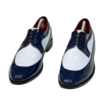 Handcrafted White & Blue Patent Leather Round Toe Shoes | Elegant Men's Lace-Up Dress Footwear