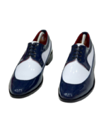 Handcrafted White & Blue Patent Leather Round Toe Shoes | Elegant Men's Lace-Up Dress Footwear