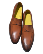 Handmade Tan Brown Color Original Calf Leather Scissor Cut Butterfly Loafers Slip-On Dress Shoes - Image 4