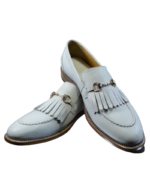 Handmade White Color Original Calf Leather Horse Bit Fringed Leather Beard Loafers Slip-On Dress Shoes - Image 4