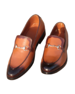 Handmade Tan Color Genuine Calf Leather Horse Bit Stylish Loafers Hand Painted Slip-On Dress Shoes - Image 4